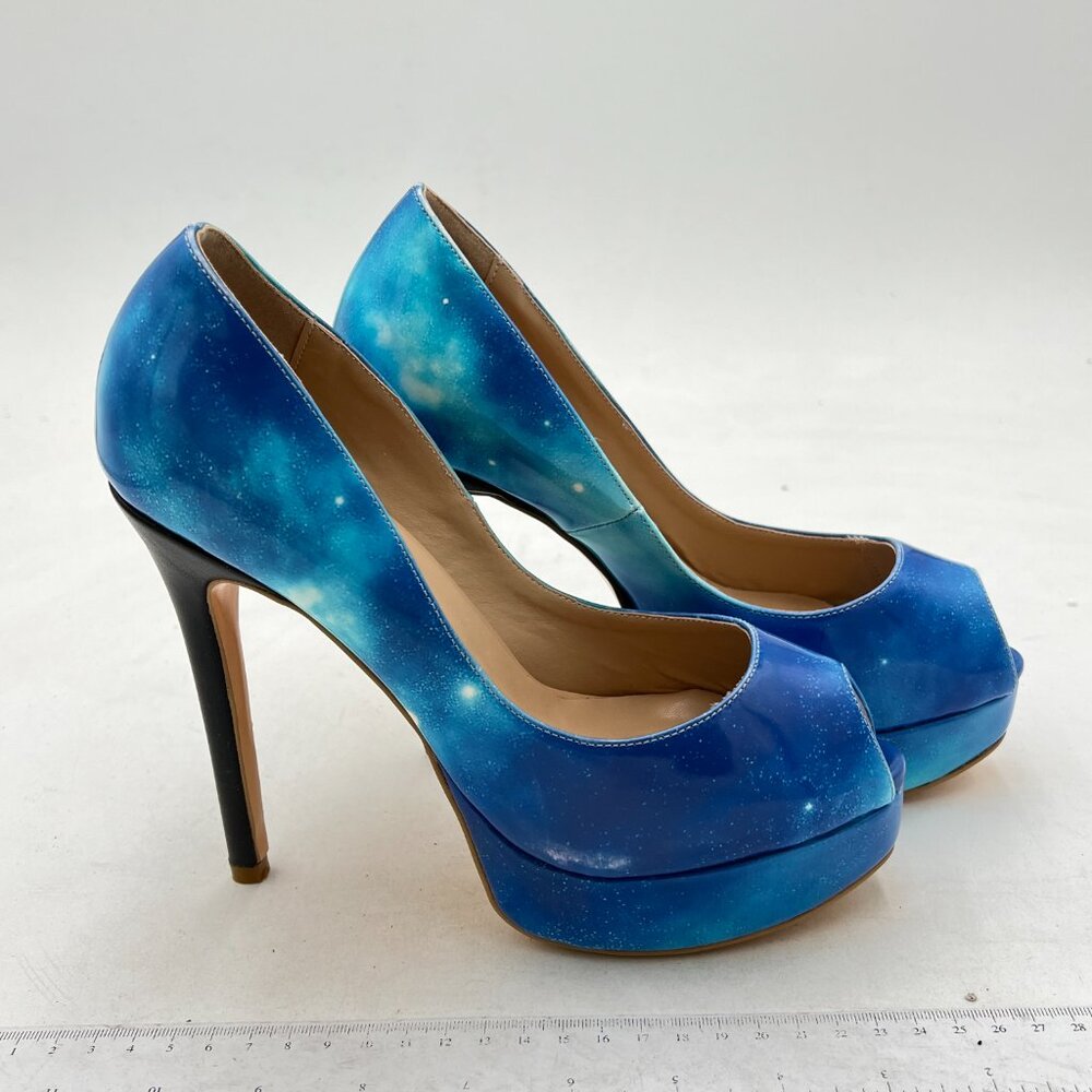 FSJ Blue Gorgeous Super High Heel Dress Shoe Multicolored Peep Toe Platform Pump - Picture 3 of 7